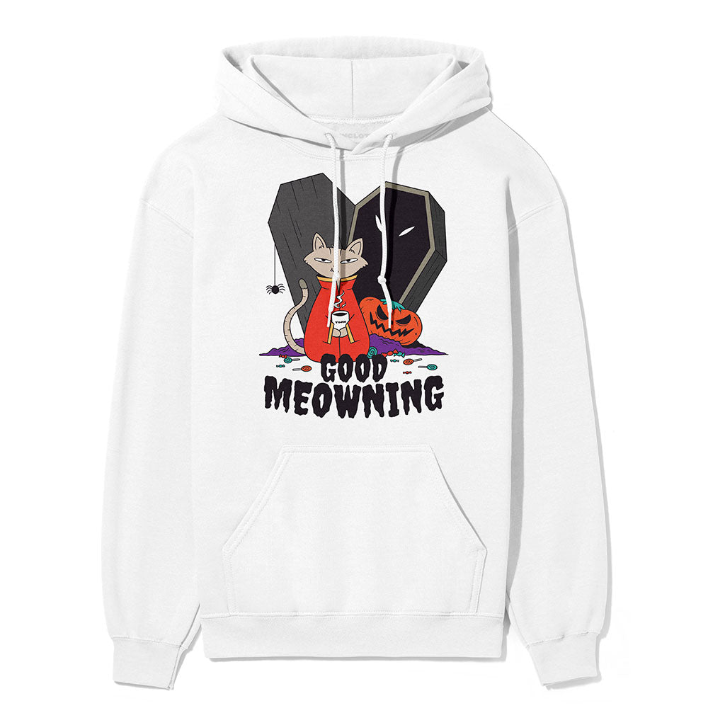 Yūjin Clothing Good Meowning hoodie featuring a cozy design with a cat graphic and soft fabric in a casual fit.