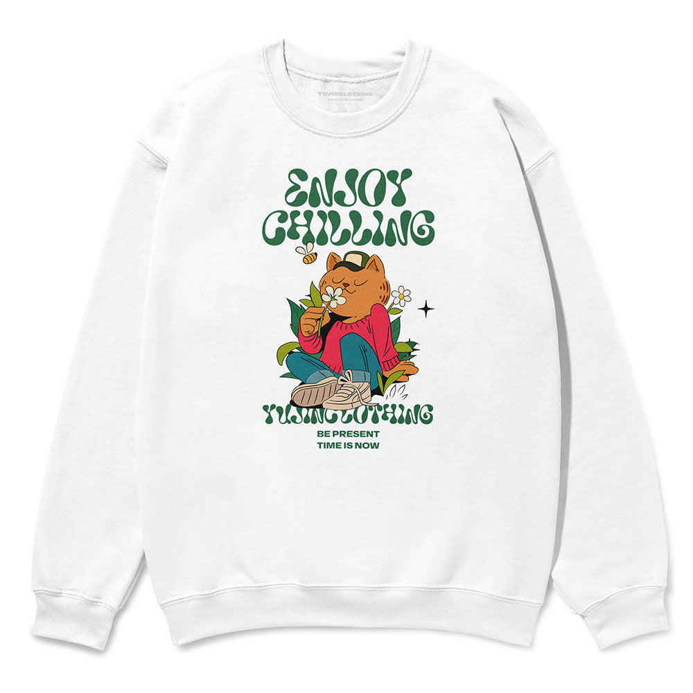 Yūjin Clothing Enjoy Chilling cat sweatshirt featuring a cozy, casual design with a relaxed fit and playful cat graphic.