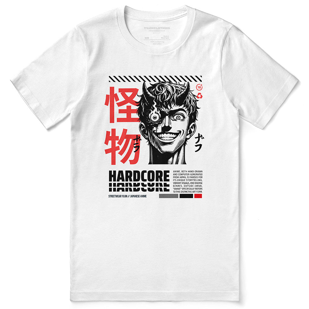 Black Hardcore Anime T-Shirt by Yūjin Clothing featuring bold anime-inspired graphics on soft cotton fabric.