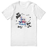 White Cute Ghost T-Shirt by Yūjin Clothing featuring a playful ghost graphic on soft fabric for casual wear.