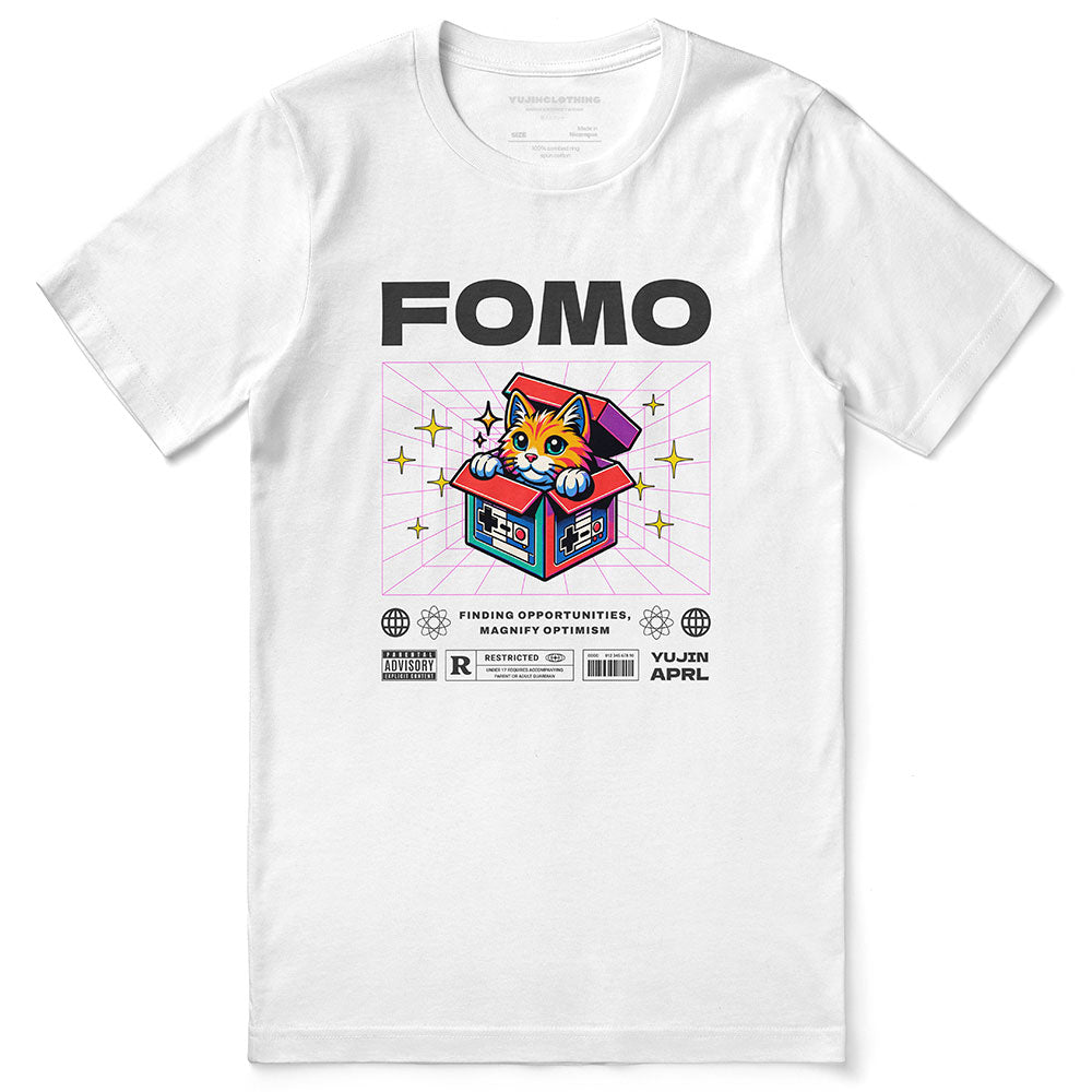 FOMO Cat T-Shirt by Yūjin Clothing featuring a playful cat graphic on a casual cotton T-shirt for pet lovers.