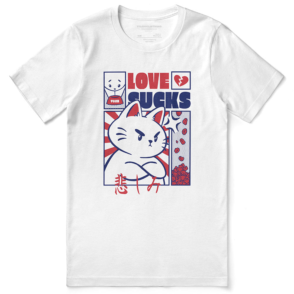 Yūjin Clothing Love Sucks Cat T-Shirt featuring a playful graphic of a cat with the phrase "Love Sucks" on a casual cotton tee.