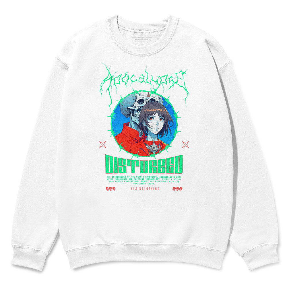 Yūjin Clothing Apocalypse sweatshirt featuring a bold, graphic design in black and white, made from comfortable cotton fabric.