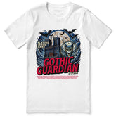 Black Gothic Guardian Cat T-Shirt by Yūjin Clothing featuring a detailed cat illustration with gothic design elements.