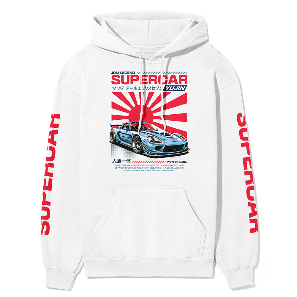 Japanese Supercar Hoodie by Yūjin Clothing featuring a bold supercar graphic on a stylish hoodie.