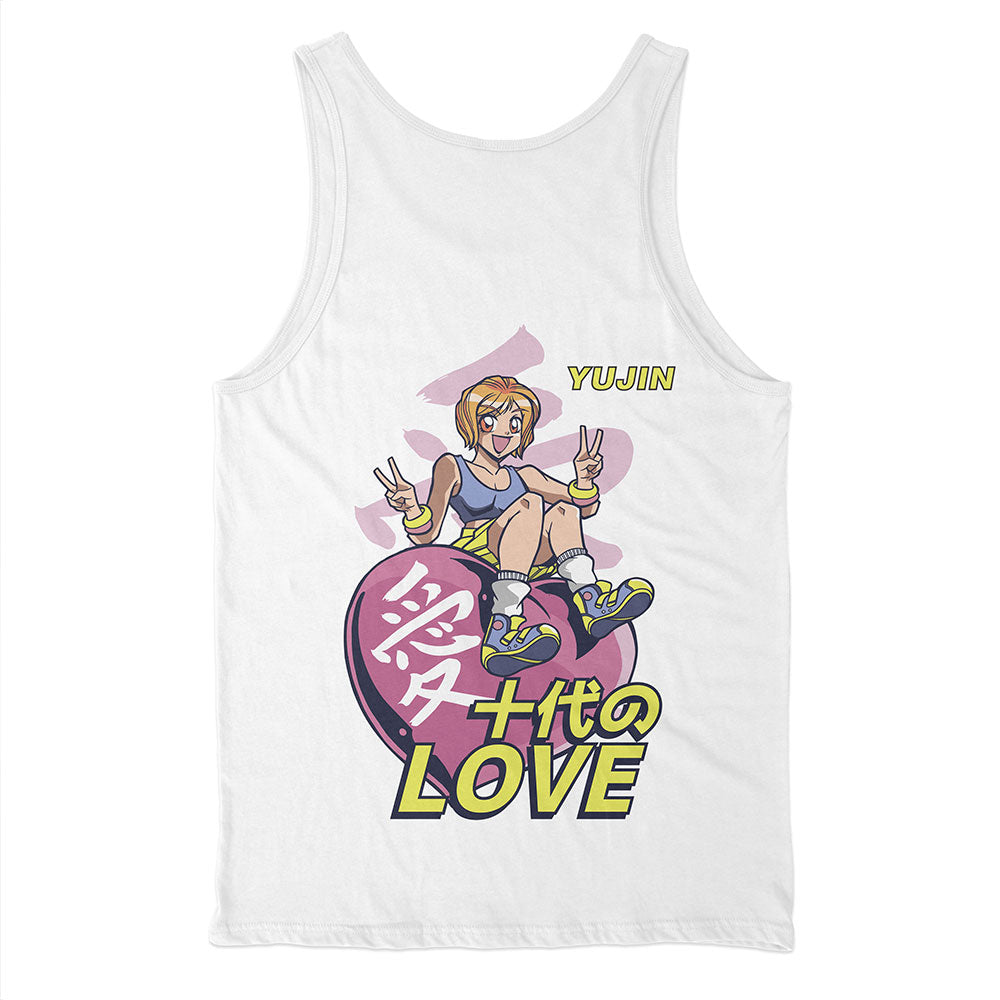 Yūjin Clothing love tank top featuring a sleeveless design with a printed &