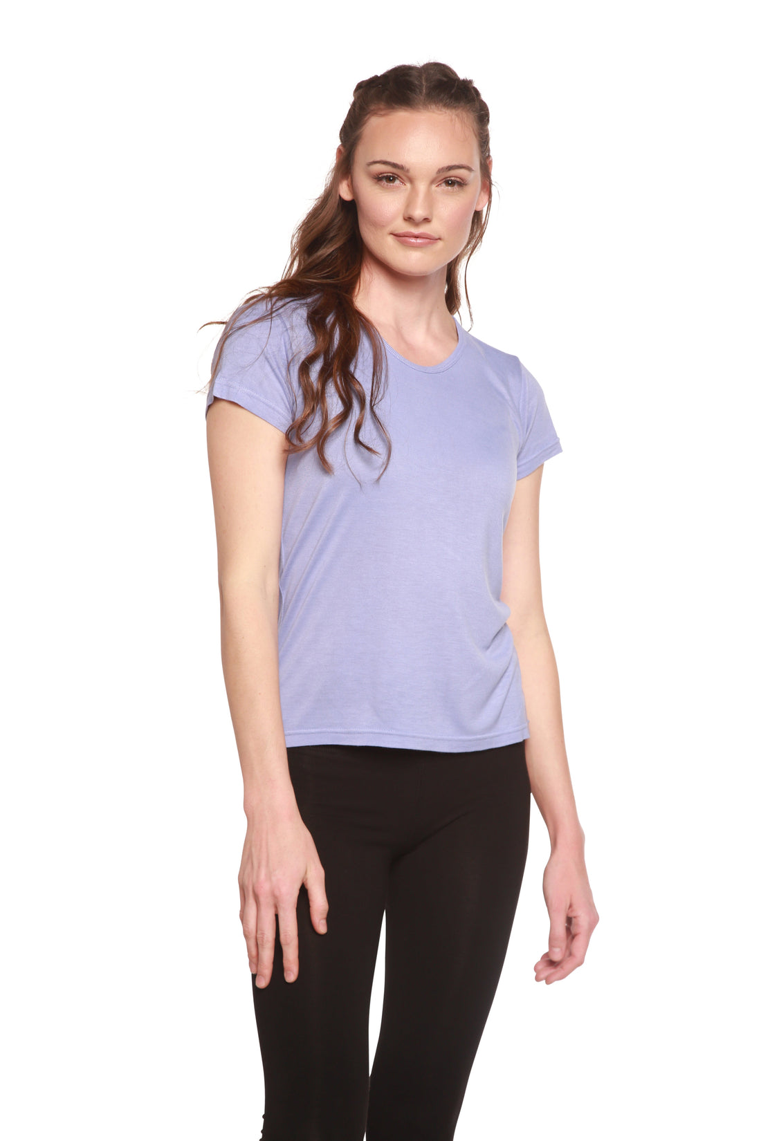 Women’s Spun Bamboo scoop neck short sleeve T-shirt made from 100% bamboo viscose, shown in a relaxed fit on a model.