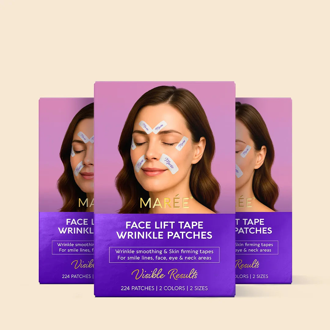 Maree anti-wrinkle tape patches applied to the skin, designed to reduce fine lines and wrinkles for a smoother appearance.