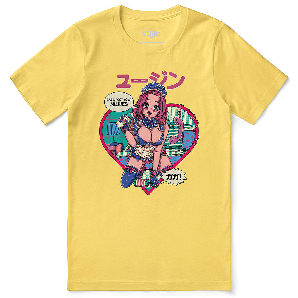 Yūjin Clothing Got Your Milkies T-Shirt featuring a casual cotton T-shirt with a graphic print, perfect for everyday wear.