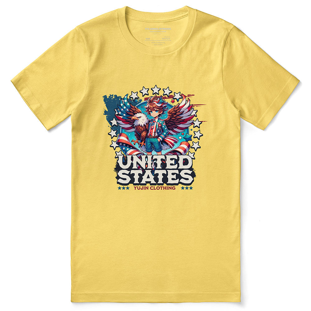 Yūjin Clothing July 4th Eagle and Boy graphic T-shirt featuring patriotic American flag design and casual fit.