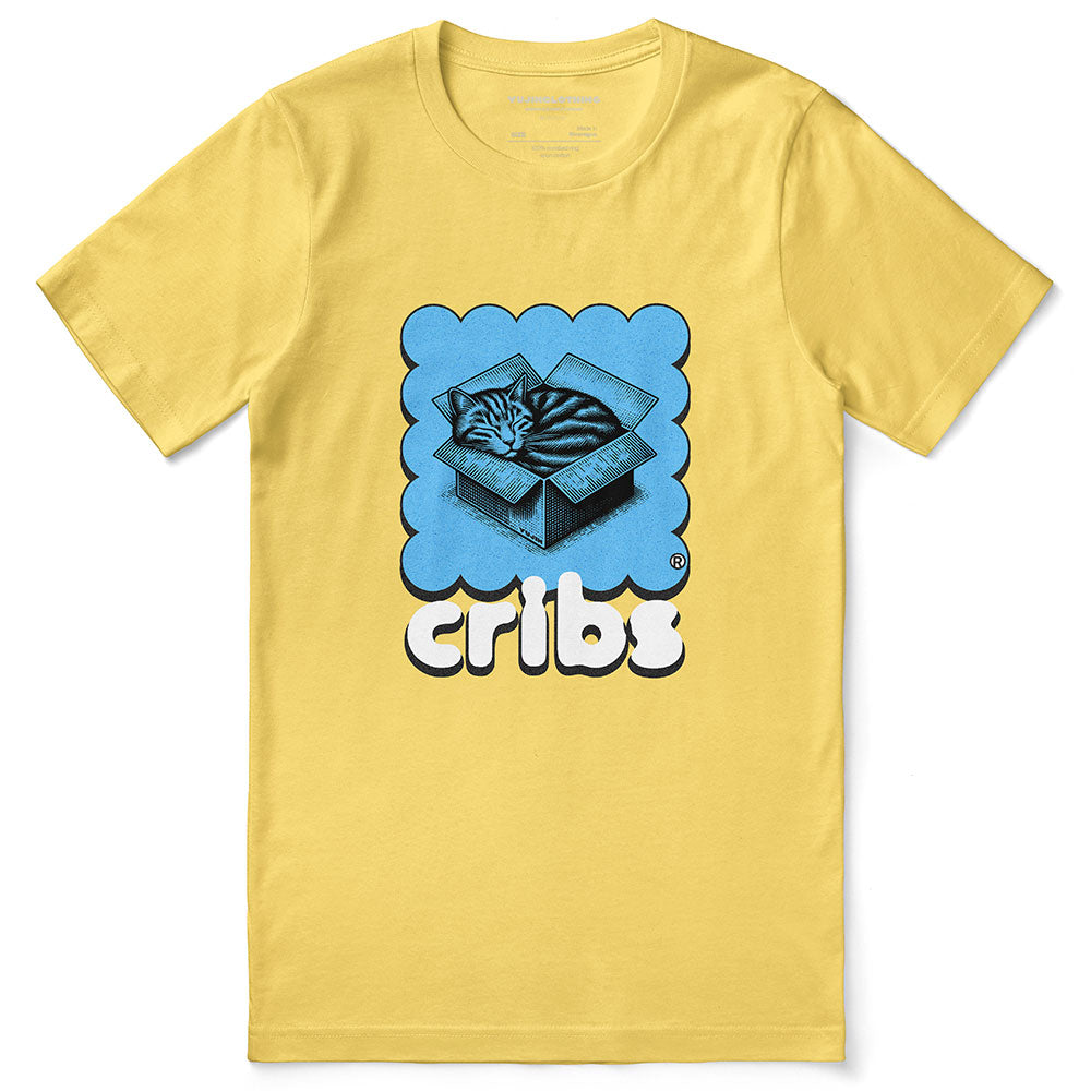 Yūjin Clothing Cribs Cat T-Shirt featuring a playful cat graphic on a comfortable casual tee for cat lovers.
