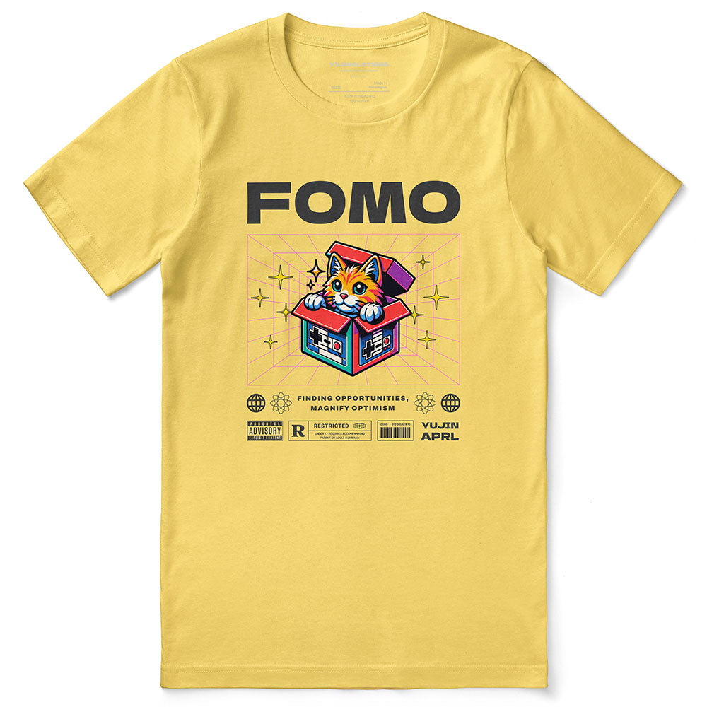 Yūjin Clothing FOMO cat T-Shirt featuring a playful cat graphic on soft fabric, perfect for casual wear.