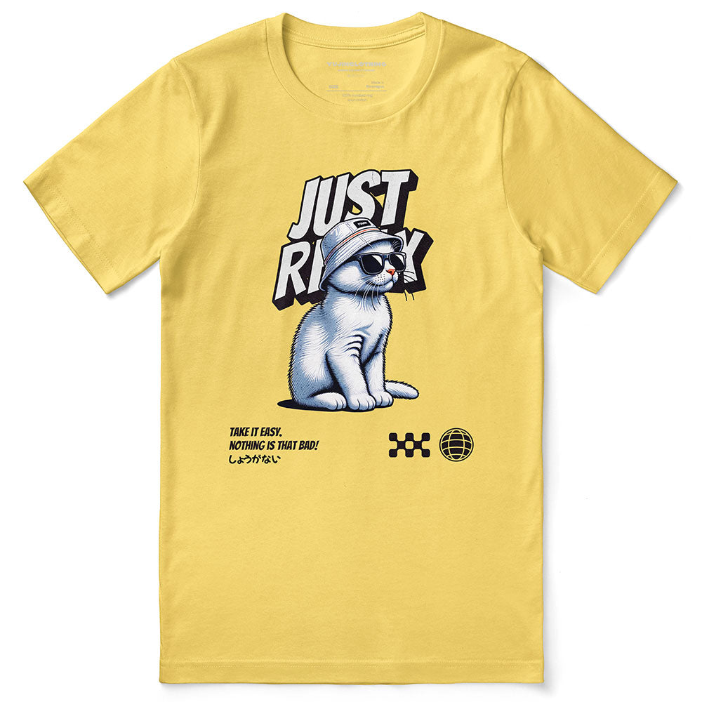 Yūjin Clothing Just Relax cat T-Shirt featuring a comfortable fit with a playful cat graphic on soft fabric.
