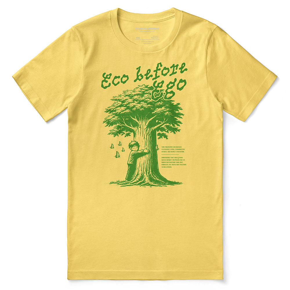 Yūjin Clothing Eco Before Ego T-Shirt in natural fabric with eco-friendly design, featuring a casual fit and printed logo on front.