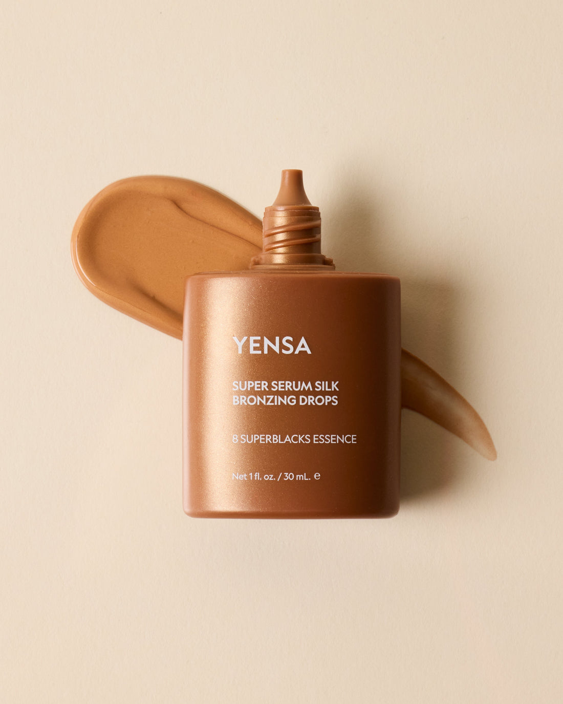 YENSA Super Serum Silk Bronzing Drops in a dropper bottle, natural bronzer for glowing skin with silky texture