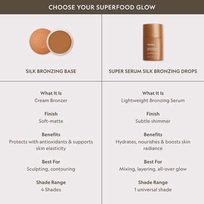 YENSA Super Serum Silk Bronzing Drops in a sleek bottle, shown alongside other bronzers for a natural sun-kissed glow comparison.
