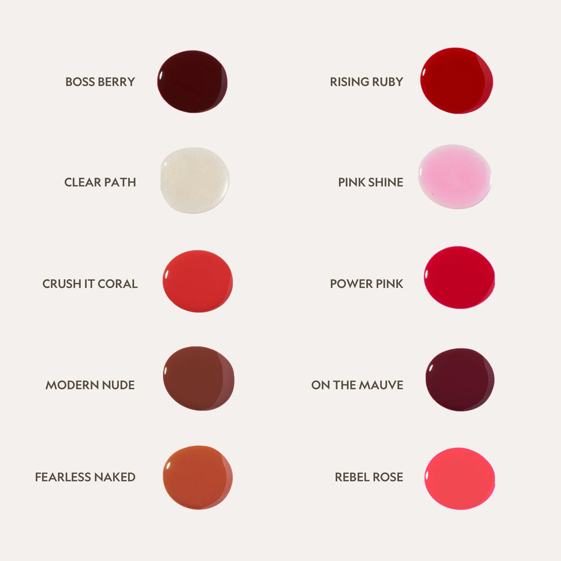 YENSA Luxe Lip Nourishing Oil in swatch chart showing clear, glossy lip oil with hyaluronic acid and vitamin E for hydration.