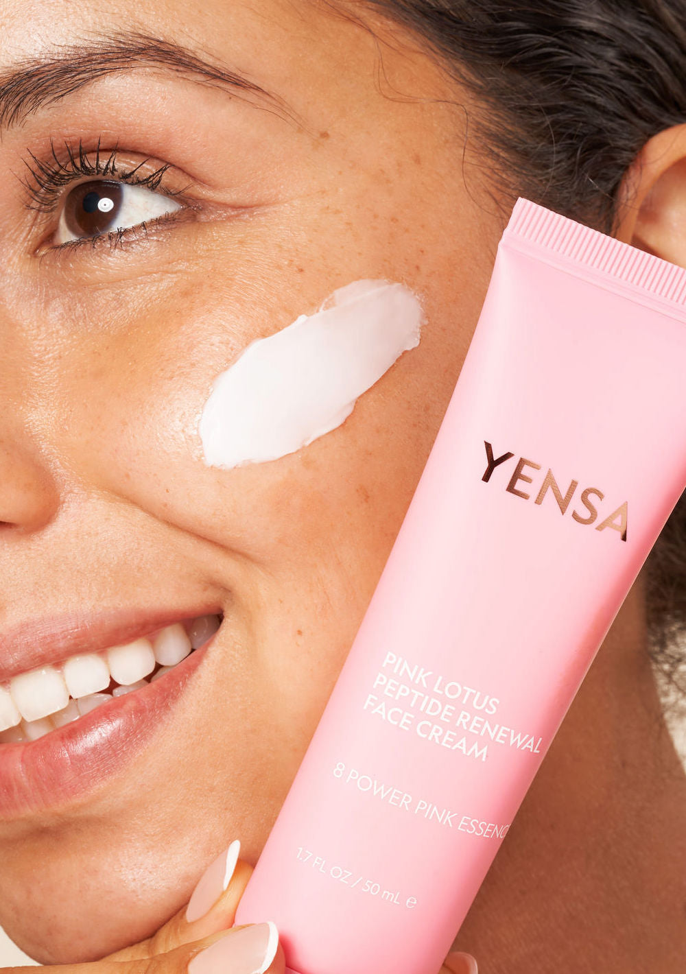 YENSA Pink Lotus Peptide Renewal Face Cream jar, skincare product with pink lotus flower design and cream inside.