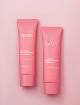 YENSA Pink Lotus Peptide Renewal Face Cream in a jar, featuring pink lotus flower and skincare ingredients for rejuvenation.