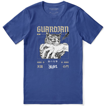Yūjin Clothing Guardian Cat T-Shirt featuring a detailed graphic of a guardian cat design on soft fabric.