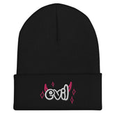 Yūjin Clothing Evil Beanie headwear featuring a dark, edgy design with a folded brim and embroidered logo, perfect for streetwear style.