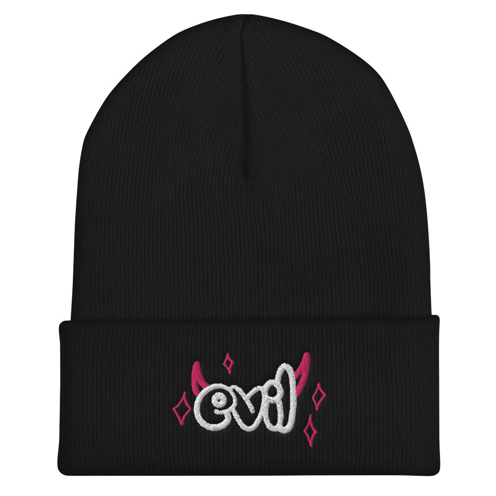 Yūjin Clothing Evil Beanie headwear featuring a dark, edgy design with a folded brim and embroidered logo, perfect for streetwear style.