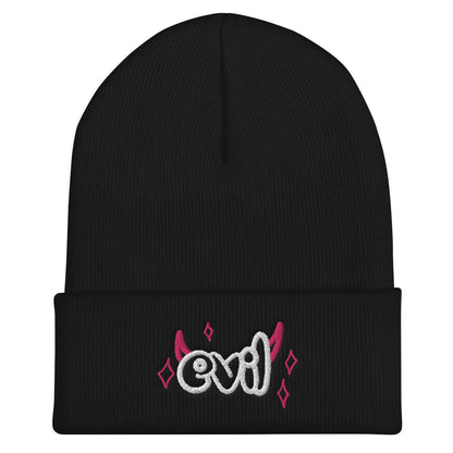 Yūjin Clothing Evil Beanie headwear featuring a dark, edgy design with a folded brim and embroidered logo, perfect for streetwear style.