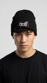 Yūjin Clothing Evil Beanie, stylish black knit headwear with a bold evil-themed design, perfect for cold weather and streetwear.