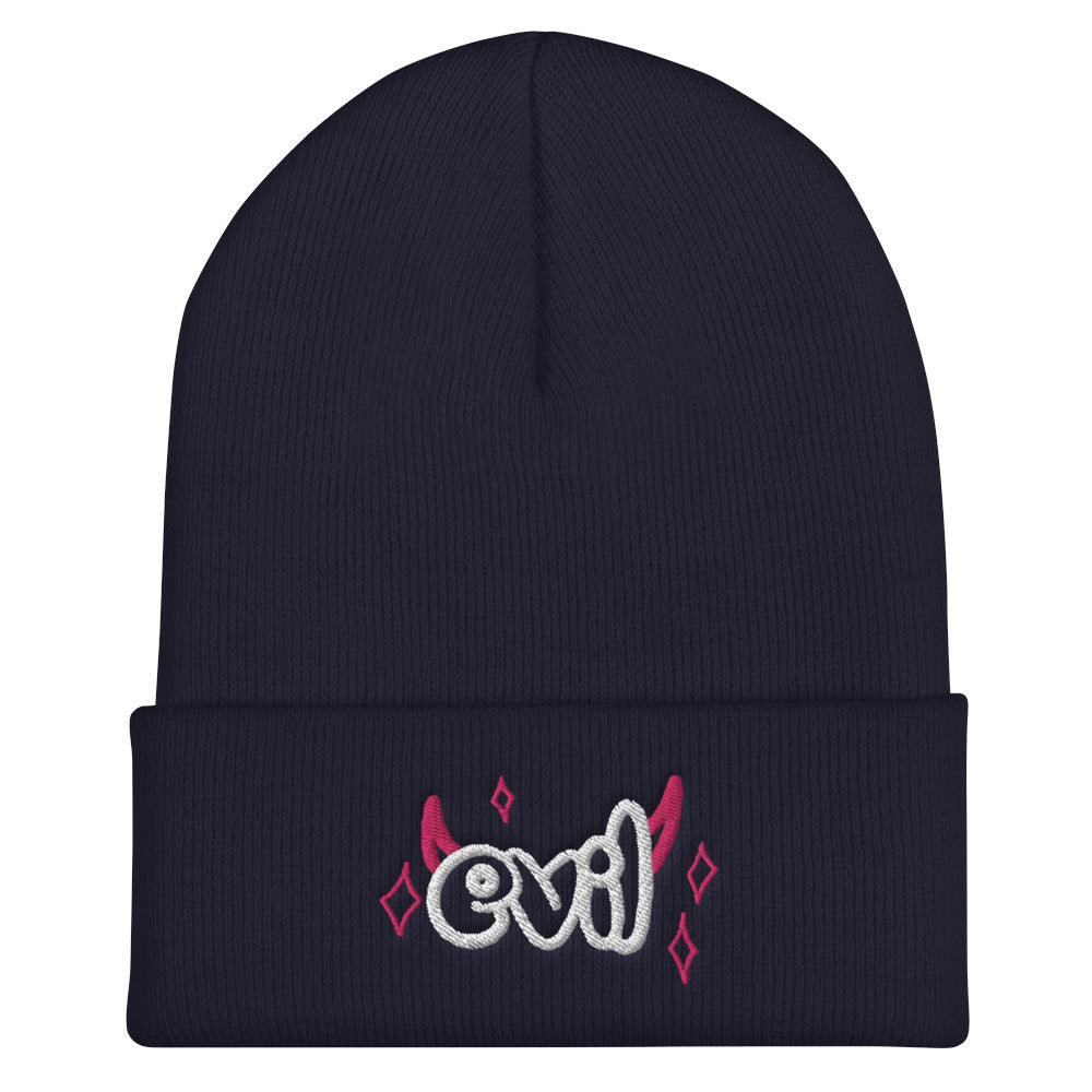 Yūjin Clothing Evil Beanie headwear featuring a dark, edgy design with a snug fit and bold branding for stylish winter wear.