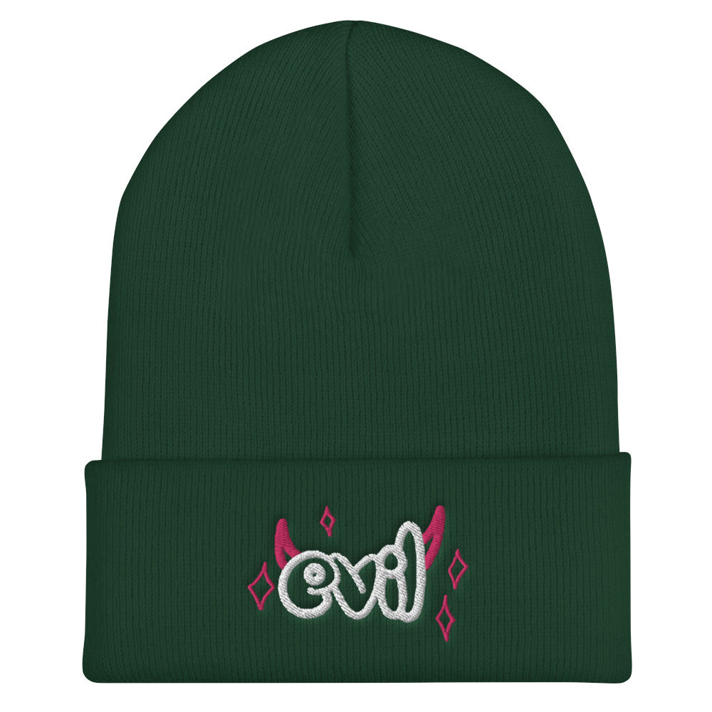 Yūjin Clothing Evil Beanie headwear featuring a dark, stylish knit design perfect for cold weather and streetwear fashion.