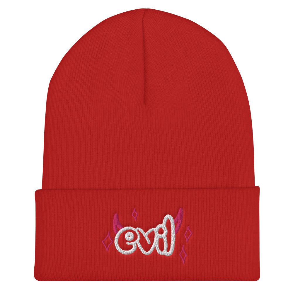 Yūjin Clothing Evil Beanie headwear featuring a dark, edgy design with bold graphics, perfect for expressing a rebellious style.