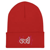 Yūjin Clothing Evil Beanie headwear featuring a dark, edgy design with bold graphics, perfect for expressing a rebellious style.
