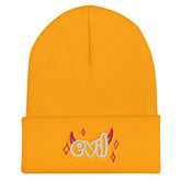 Black Evil Beanie headwear from Yūjin Clothing featuring a bold, edgy design perfect for streetwear style.