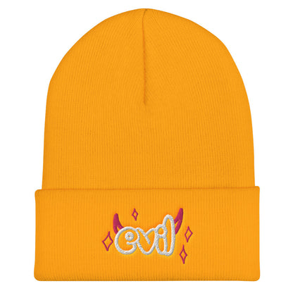 Black Evil Beanie headwear from Yūjin Clothing featuring a bold, edgy design perfect for streetwear style.