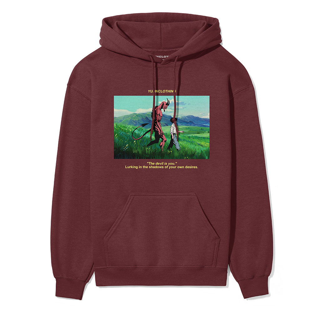 Yūjin Clothing devil and boy hoodie featuring a graphic print of a devil and boy design on a black hoodie.