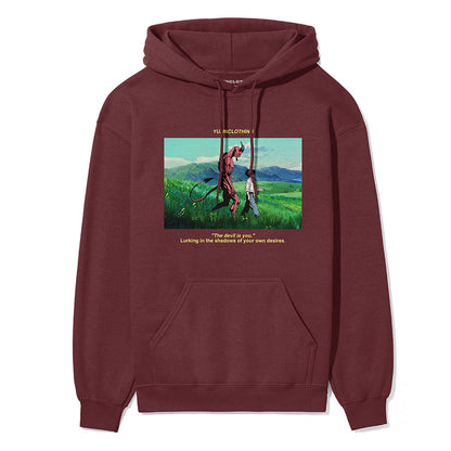 Yūjin Clothing devil and boy hoodie featuring a graphic print of a devil and boy design on a black hoodie.