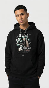 Yūjin Clothing digging my own graves cat hoodie featuring a black hoodie with a graphic of a cat and skull design