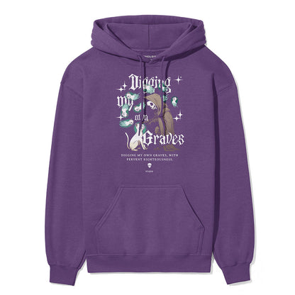Yūjin Clothing digging my own graves cat hoodie featuring a black hoodie with a graphic of a cat and skull design.