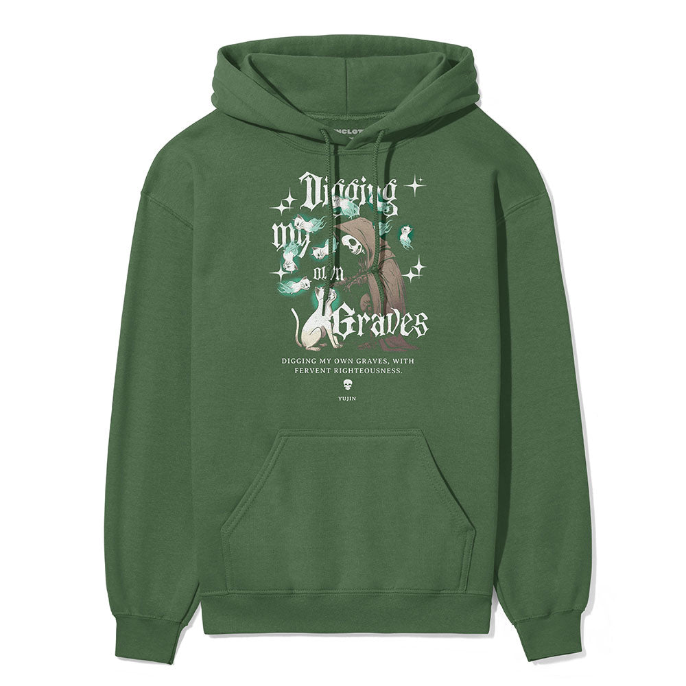 Yūjin Clothing Digging My Own Graves cat hoodie featuring a black hoodie with a cat graphic and text design, casual and comfortable.