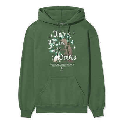Yūjin Clothing Digging My Own Graves cat hoodie featuring a black hoodie with a cat graphic and text design, casual and comfortable.