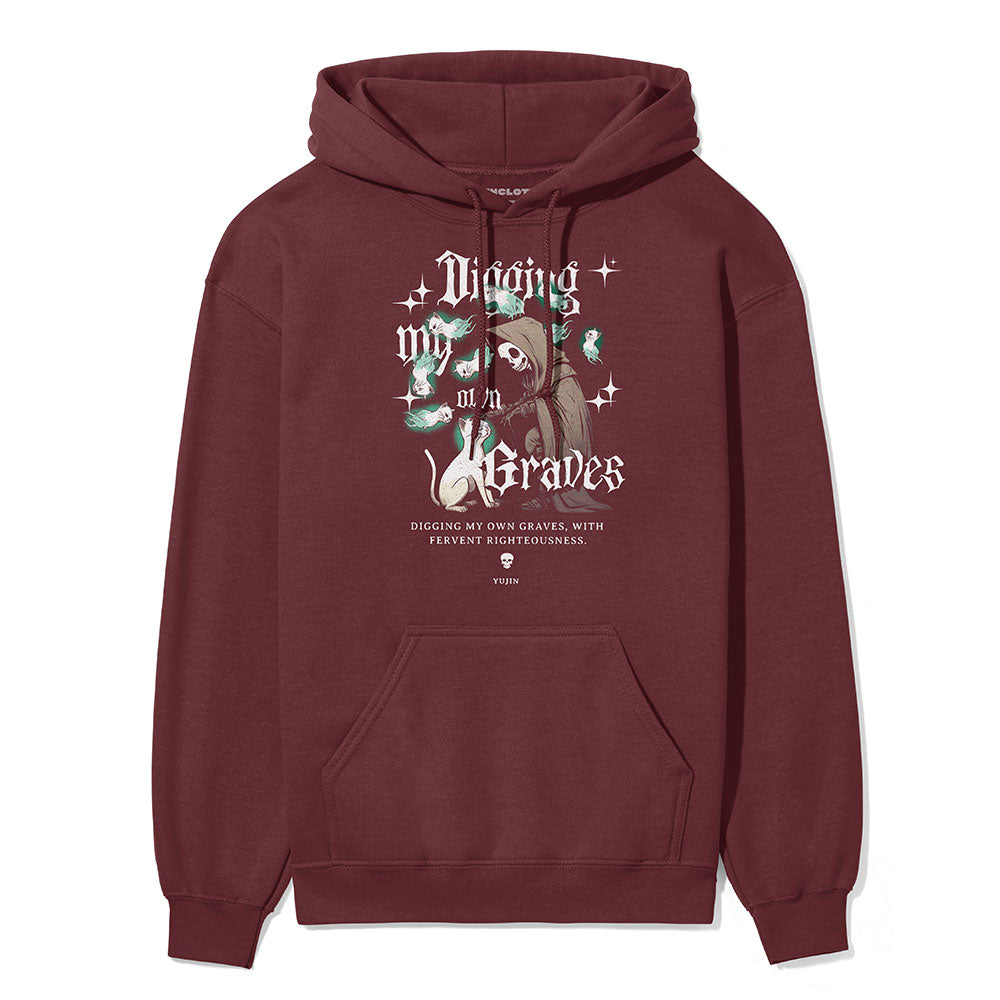 Yūjin Clothing Digging My Own Graves cat hoodie featuring a black hoodie with graphic design and a front pocket.