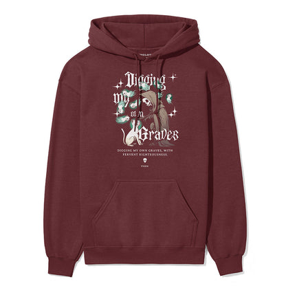 Yūjin Clothing Digging My Own Graves cat hoodie featuring a black hoodie with graphic design and a front pocket.