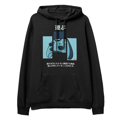 Yūjin Clothing Game Over hoodie featuring bold graphic print, soft fabric, and casual fit, perfect for streetwear and gaming enthusiasts.