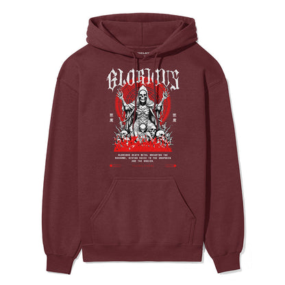 Yūjin Clothing Glorious Death Hoodie in black, featuring a detailed graphic design on the front and comfortable fabric.