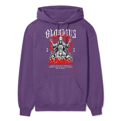 Yūjin Clothing Glorious Death hoodie featuring a dark, artistic design with a comfortable fit and bold graphics on the front.