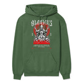 Black Glorious Death hoodie by Yūjin Clothing featuring bold graphic design and comfortable fabric for casual wear.