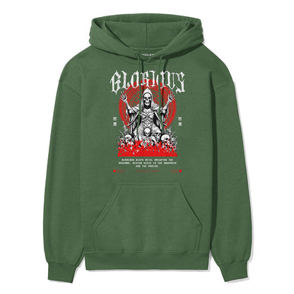 Black Glorious Death hoodie by Yūjin Clothing featuring bold graphic design and comfortable fabric for casual wear.