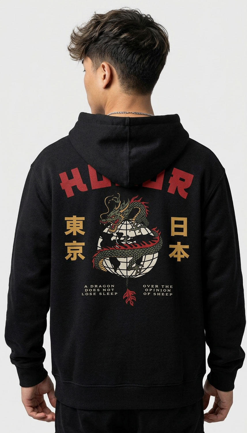 Yūjin Clothing Honor hoodie featuring a comfortable fit, soft fabric, and stylish design in a close-up of the hoodie front.