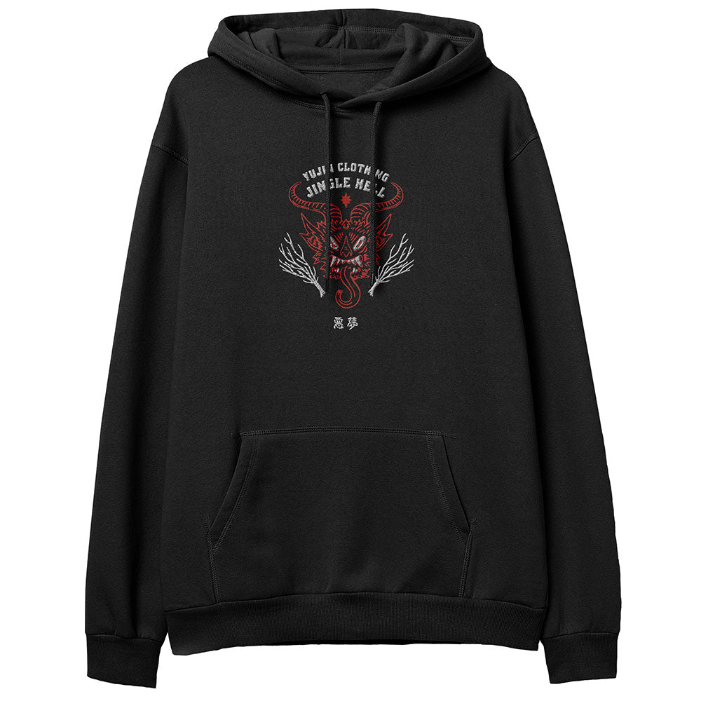 Yūjin Clothing Jingle Hell Christmas hoodie featuring festive holiday design and comfortable fabric, perfect for winter wear.