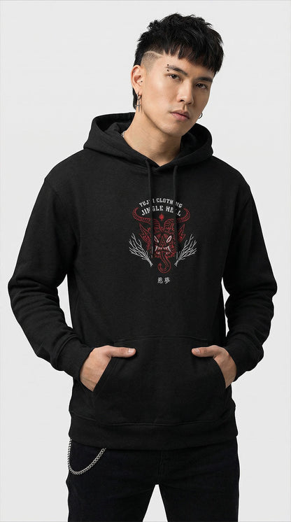 Yūjin Clothing Jingle Hell Christmas hoodie featuring festive red and green design with jingle bell accents and holiday graphic.